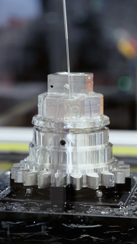 Innovative lathe machine tool shapes steel detail with cooling lubricant on Stock Footage 346611811