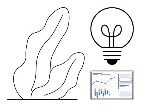 Innovative Lightbulb, Data Analysis Screen, and Abstract Plant in Modern Desi Illustrazione stock