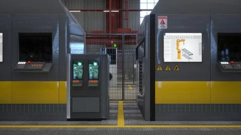 Innovative machinery with advanced control panels and touchscreens, 3D render Ilustración de archivo