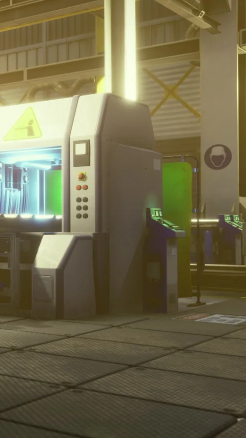 Innovative machinery brightens a high tech manufacturing facility at dawn Stock Footage 334244940
