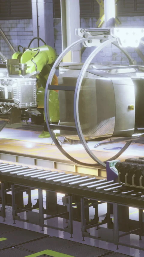 Innovative machinery showcases precision in modern automotive assembly line Stock Footage 334245937