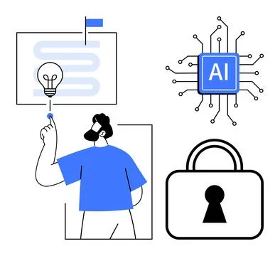 Innovative Man Interacting with AI Technology, Light Bulb Idea, and Securit.. Stock Illustration