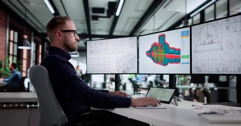 Innovative Mechanical Engineer Designs 3D CAD Model For Manufacturing Factory Stock Photos