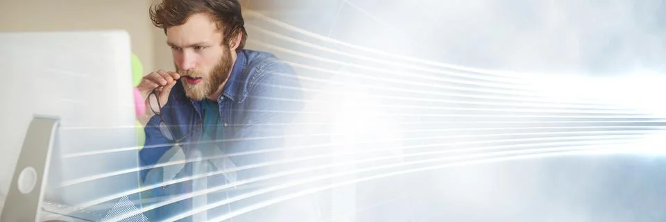 Innovative millennial at computer with white interface transition Foto stock