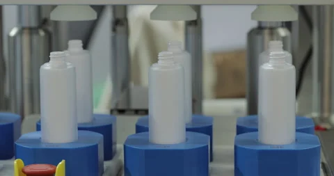 Innovative production line rearranges empty plastic bottles for filling by Stock Footage 346231899