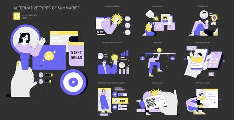 Innovative resume set captures the evolution of professional summaries.. Vector Illustrazione stock