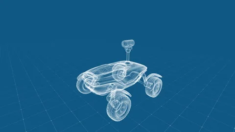 Innovative Robot Design Blueprint Visualization with 3D Wireframe Elements Vídeos de archivo 342234894