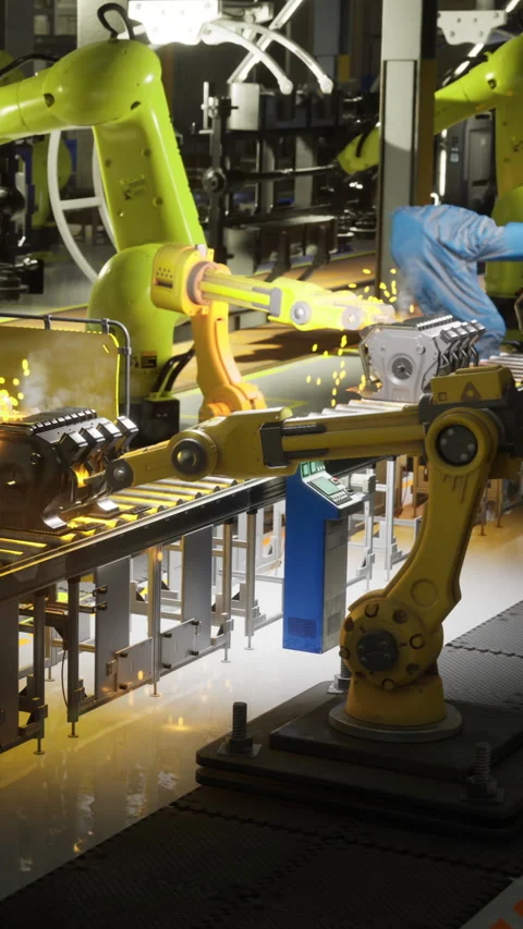 Innovative robotic arms in action at a modern manufacturing facility Stock Footage 331833836
