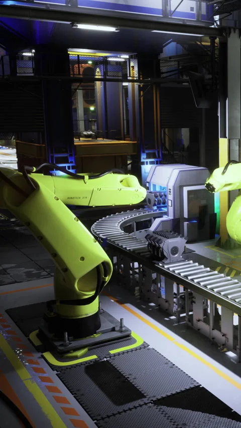 Innovative robotic arms work seamlessly in a modern factory setting Stock Footage 331841044