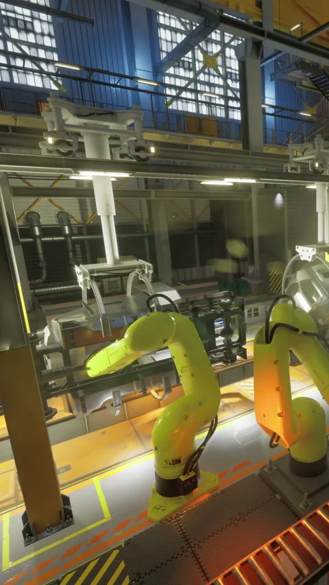 Innovative robotic arms working in a high tech factory setting Stock Footage 331841039