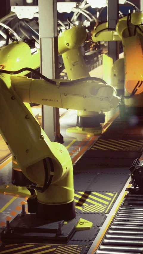 Innovative robotic arms working together in a futuristic factory setting Stock Footage 340078430