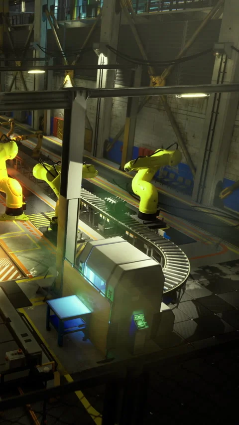 Innovative robotic assembly line builds machinery in a bustling factory setting Video stock 331839626