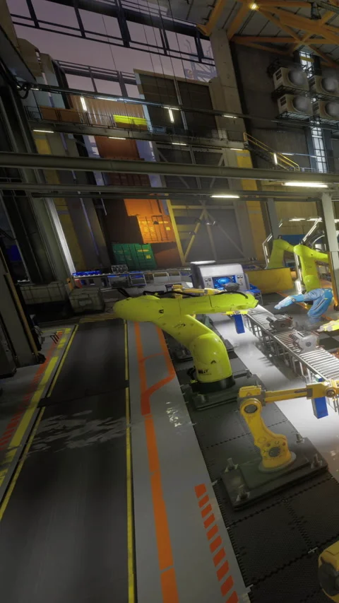 Innovative robotics assembly line at a high tech manufacturing facility Stock Footage 331834330