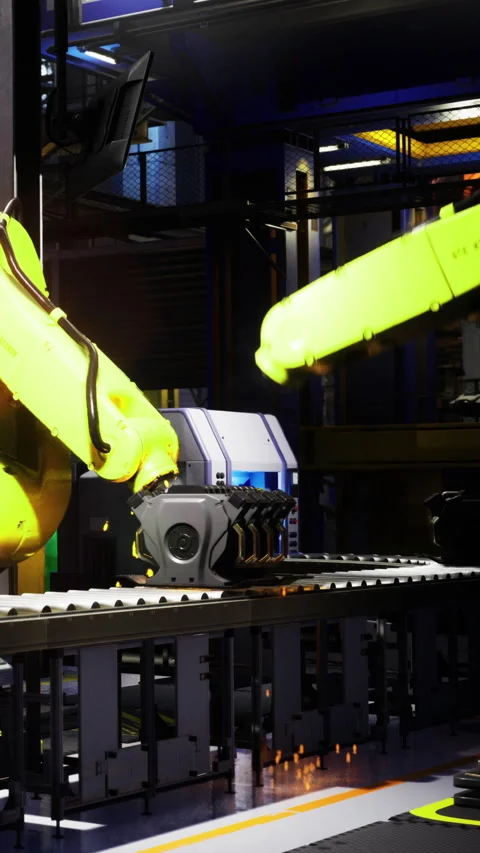 Innovative robots work together in a futuristic manufacturing facility Stock Footage 331648758