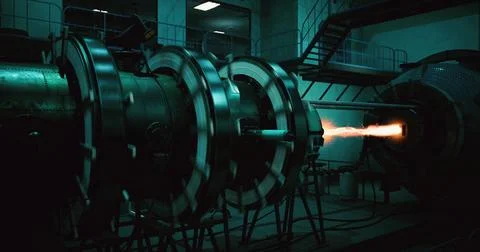 Innovative rocket engine testing at industrial facility during nighttime Stock Illustration