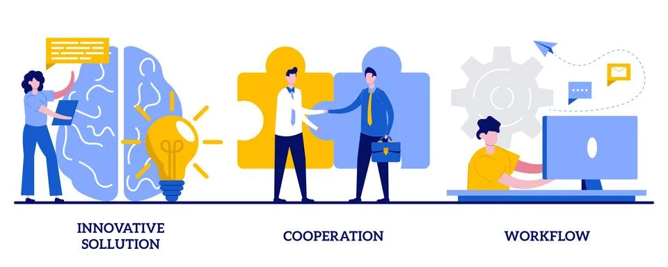 Innovative solution, cooperation, workflow concept with tiny people. Effect.. Stock Illustration