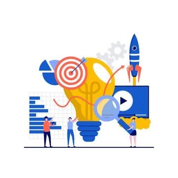 Innovative solution, creative business idea concepts with character, rocket.. Stock Illustration