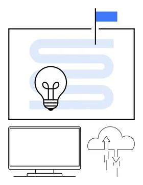 Innovative solution idea path leading to goal alongside computer and cloud .. Illustrazione stock