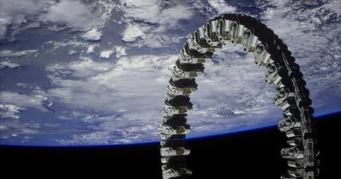 Innovative space structure orbiting Earth highlighting advanced engineering Stock Illustration