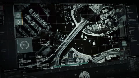 Innovative Spy Drone Network Software Scanning Metropolis Bridge Location Stock Footage 164777128