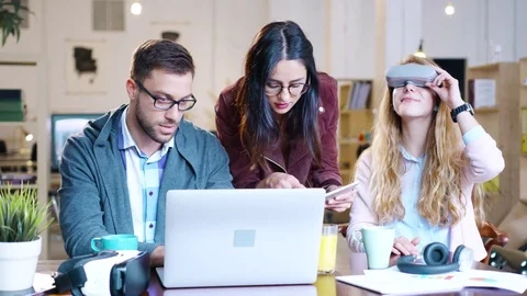 Innovative Team Of Young Coworkers Developing Vr AR Headset Technology Video stock 77408890