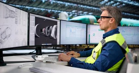 Innovative Technical Design Engineer Crafting Aircraft Parts With 3D Technolo Foto stock