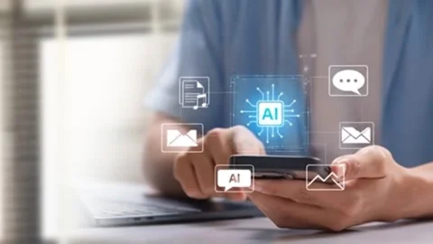 Innovative technology with AI powered mobile app for business applications Stock Footage 321349290
