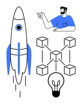 Innovative Technology Blockchain Concept with Rocket, Light Bulb, and Person Stock Illustration