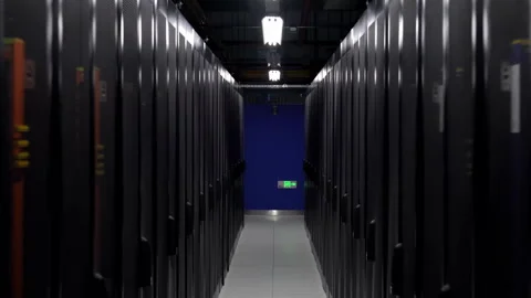 Innovative technology designs for of Industrial Data Center with Rows of Yellow Stock Footage 309530472