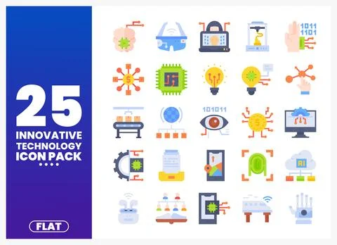 Innovative technology flat icons in various categories. showcasing digital .. Stock Illustration