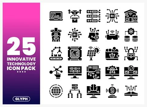 Innovative Technology Icon Pack showcasing glyphs representing AI. robotics.. Stock Illustration