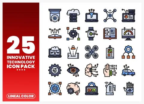 Innovative Technology Icons Pack. featuring a drone. computer. and brain. Stock Illustration