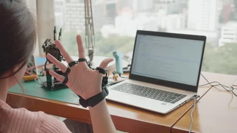 Innovative Technology: Woman Using Gesture Control System at Desk Stock Footage 319415156