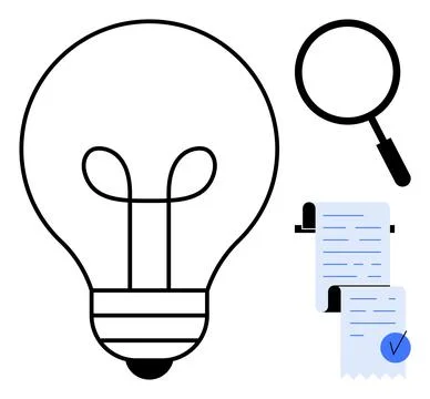 Innovative Thinking Concept with Light Bulb Magnifying Glass and Documents Stock Illustration