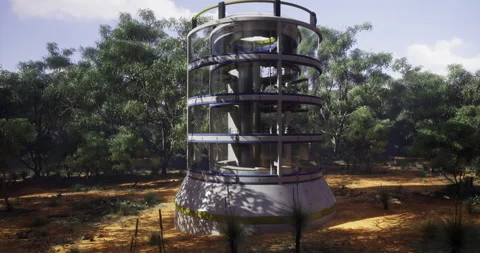 Innovative vertical farming structure in a lush forest setting near sunrise Stock Footage 310776792