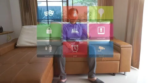 Innovative Virtual Interface in Modern Living Room Stock Footage 314899201