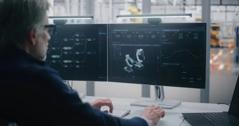 Innovative Workplace, Engineer Using Advanced Software For Robotics Stock Footage 325425091