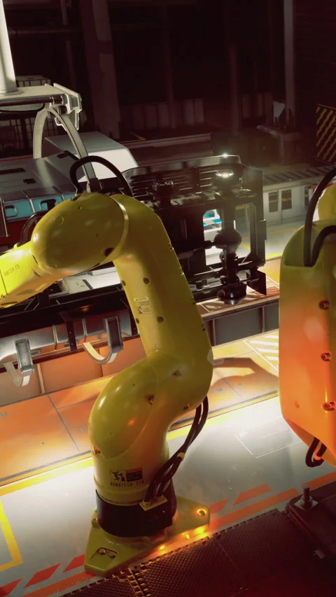 Innovative yellow robot arm working diligently in a high tech industrial space Stock Footage 331841035