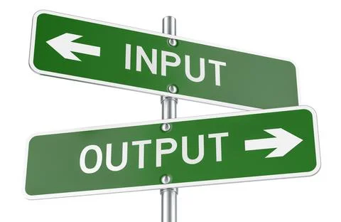 Input and Output green direction arrows, street signs. 3D rendering Ilustração Stock