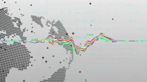 Input data driving waveform lines peaking across tech HUD, revealing globe and Stock Footage 334115400