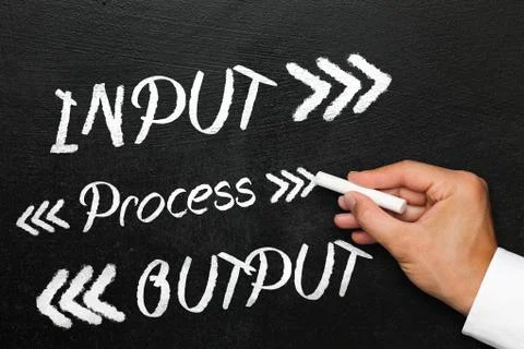Input process output with arrows, blackboard or chalkboard with hand. Company Foto stock