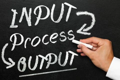 Input process output, blackboard or chalkboard with hand. Company monitoring  Stock Photos