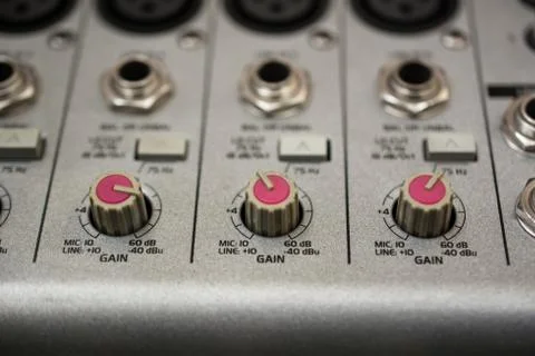 Input Sockets And Operating of the Audio Mixer. Close-Up View. Stock Photos