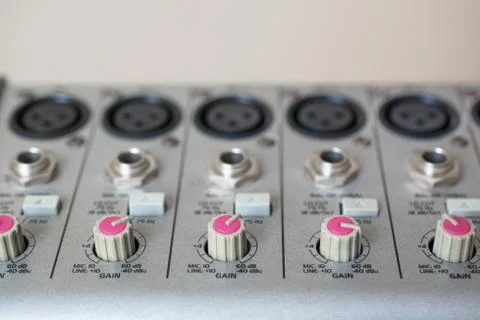 Input Sockets And Operating of the Audio Mixer. Stock Photos