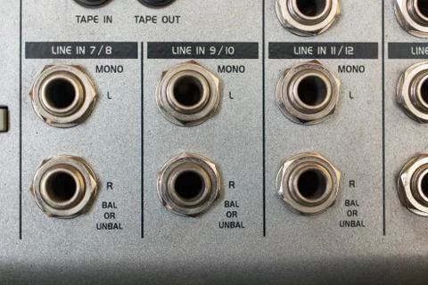 Input Sockets of the Audio Mixer. Stock Photos