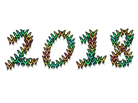 Inscription 2018 consisting of multi-colored butterflies Stock Illustration