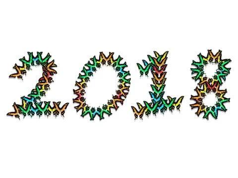 Inscription 2018 consisting of multi-colored butterflies Stock Illustration