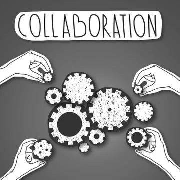 Inscription Collaboration And Hands Connecting Gears, grey background Ilustração Stock