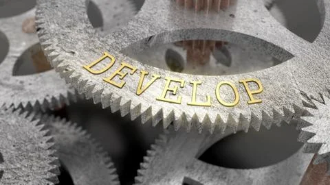 The inscription DEVELOP on the gear of the clock mechanism Stockillustratie