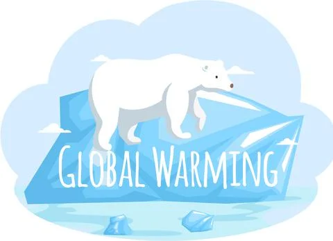 Inscription global warming vector illustration. Polar bear stands on ice floe Stock Illustration